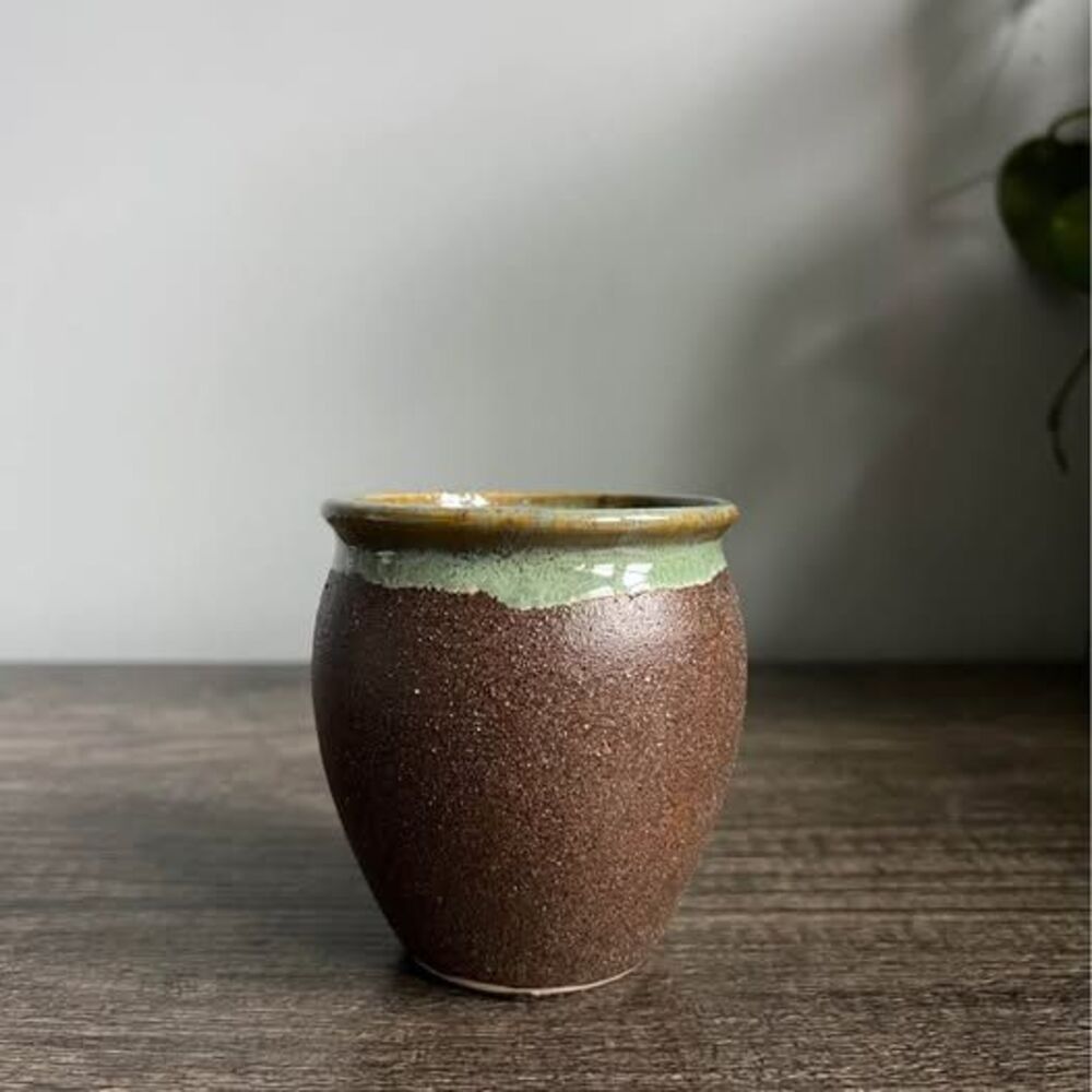 Brown Pottery Planter with Green drip-glaze